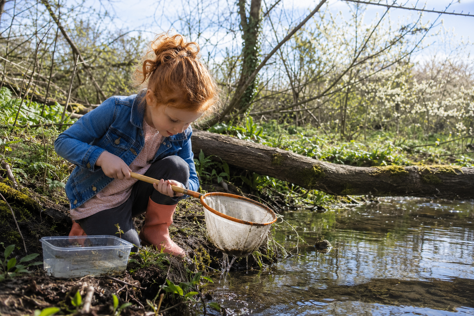 Young child crouched by a stream holding a net while pond dipping